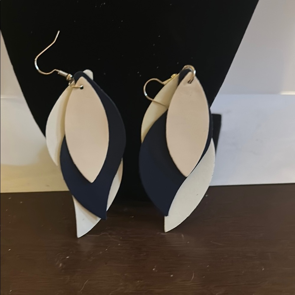Navy and Cream Leaf Earrings